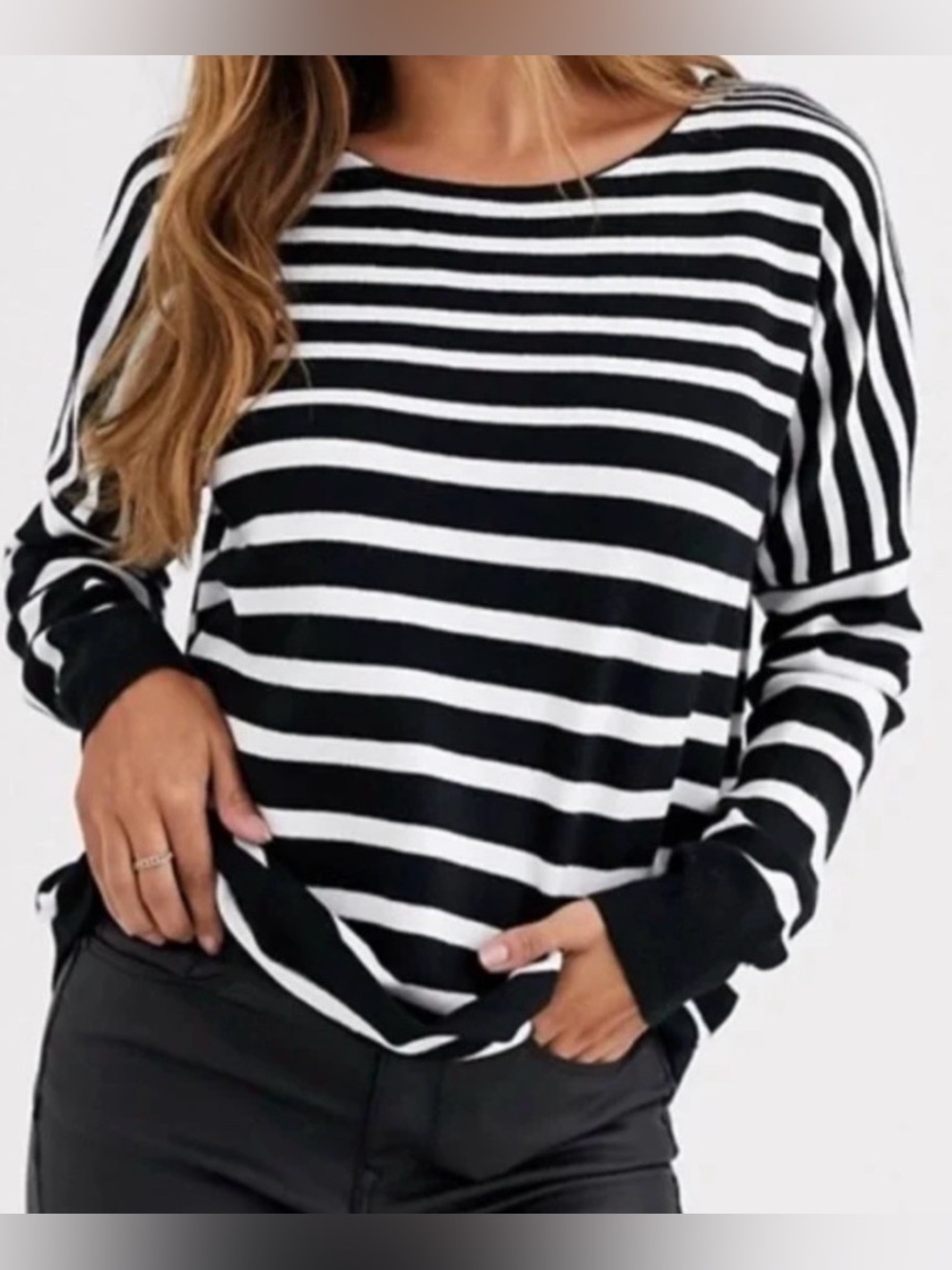 Oversized boho French connection sweater stripe heavy black